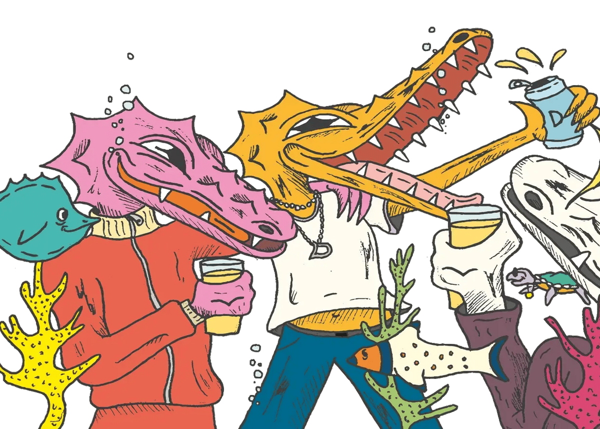A colorful cartoon illustration of three stylized sea creatures wearing masks and holding drinks underwater, with bubbles and coral-like shapes around them on a plain white background.